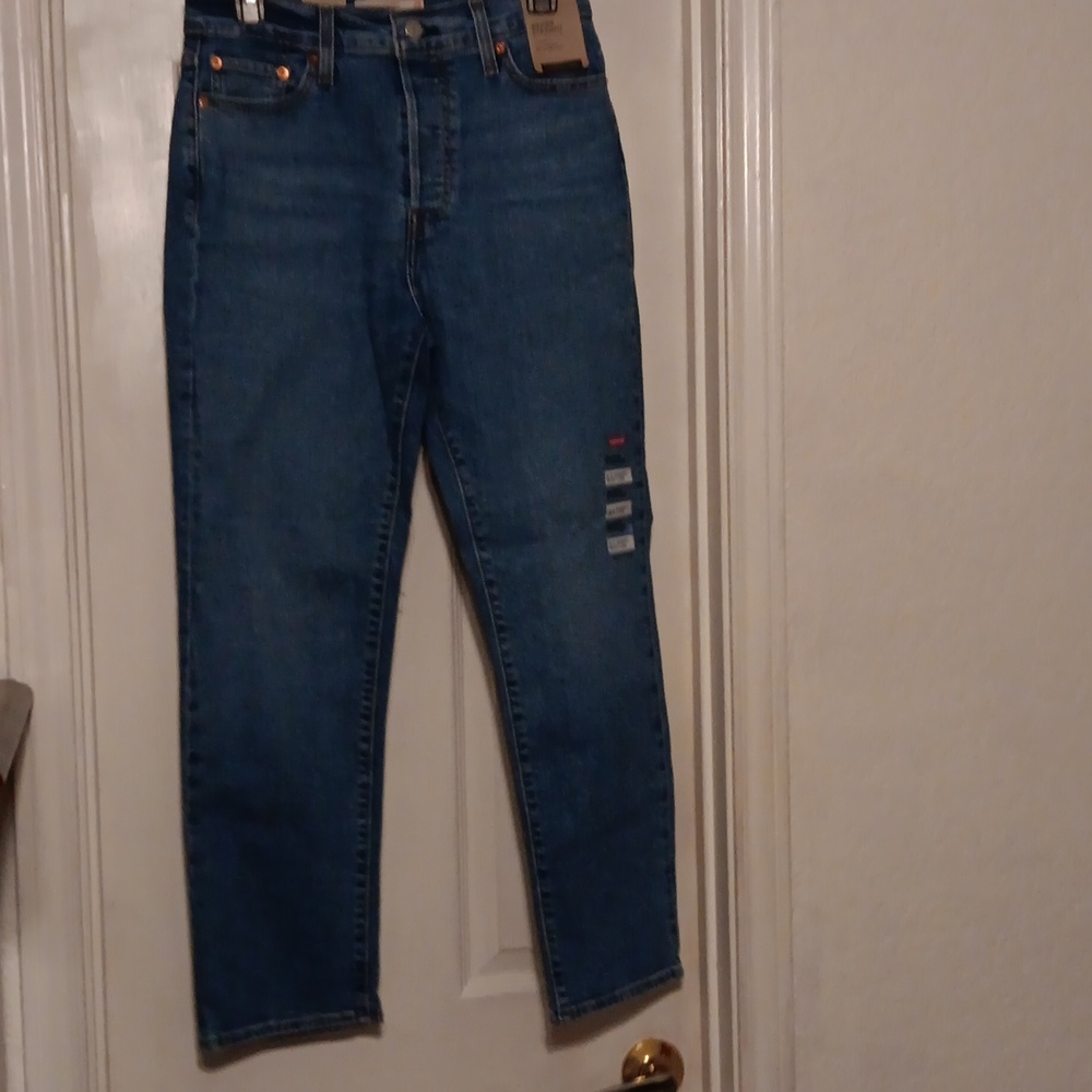 Levi wedgie straight jeans, button up jeans, blue denim